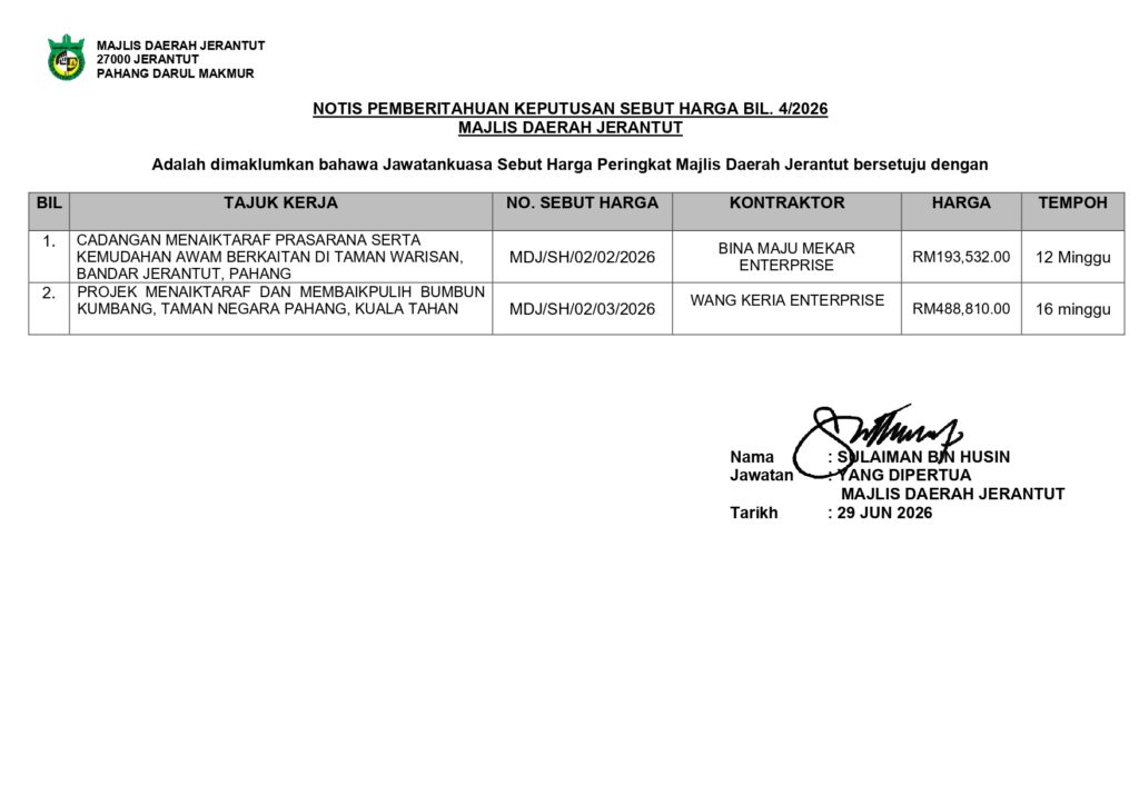 NOTIS PEMBERITAHUAN KEPUTUSAN SEBUTHARGA MDJ - 18.6.2026